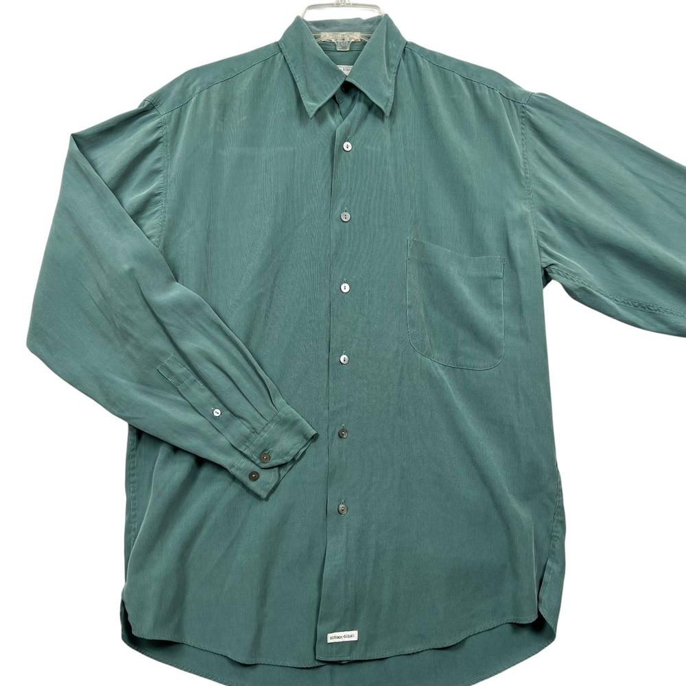 Vintage Burma Bibas Button Front Shirt Mens S Teal Green Textured Long Sleeve